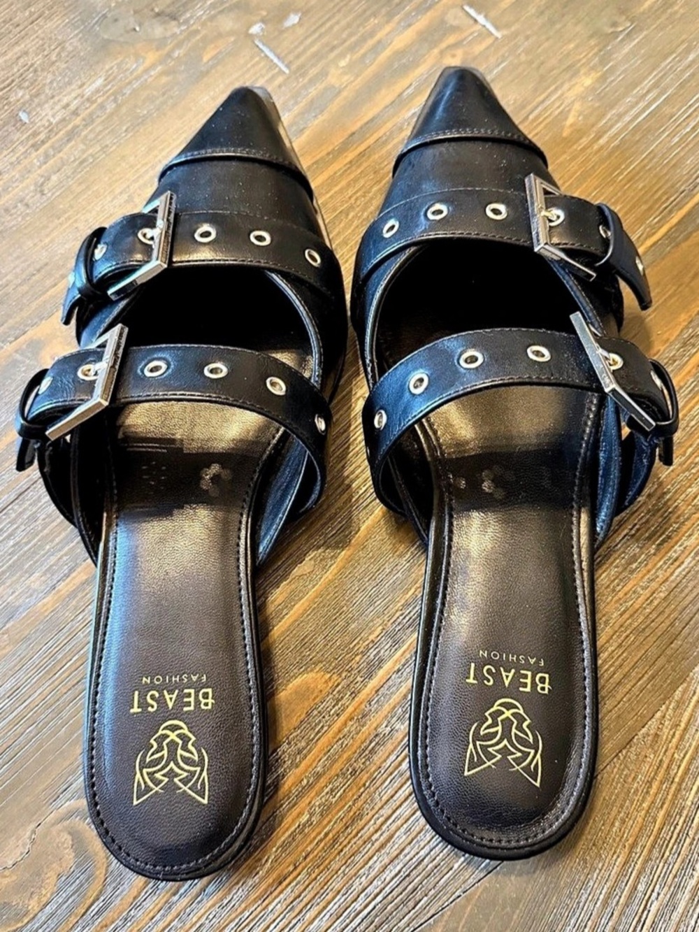 BEAST Pointed Buckle Mules in Black US 8